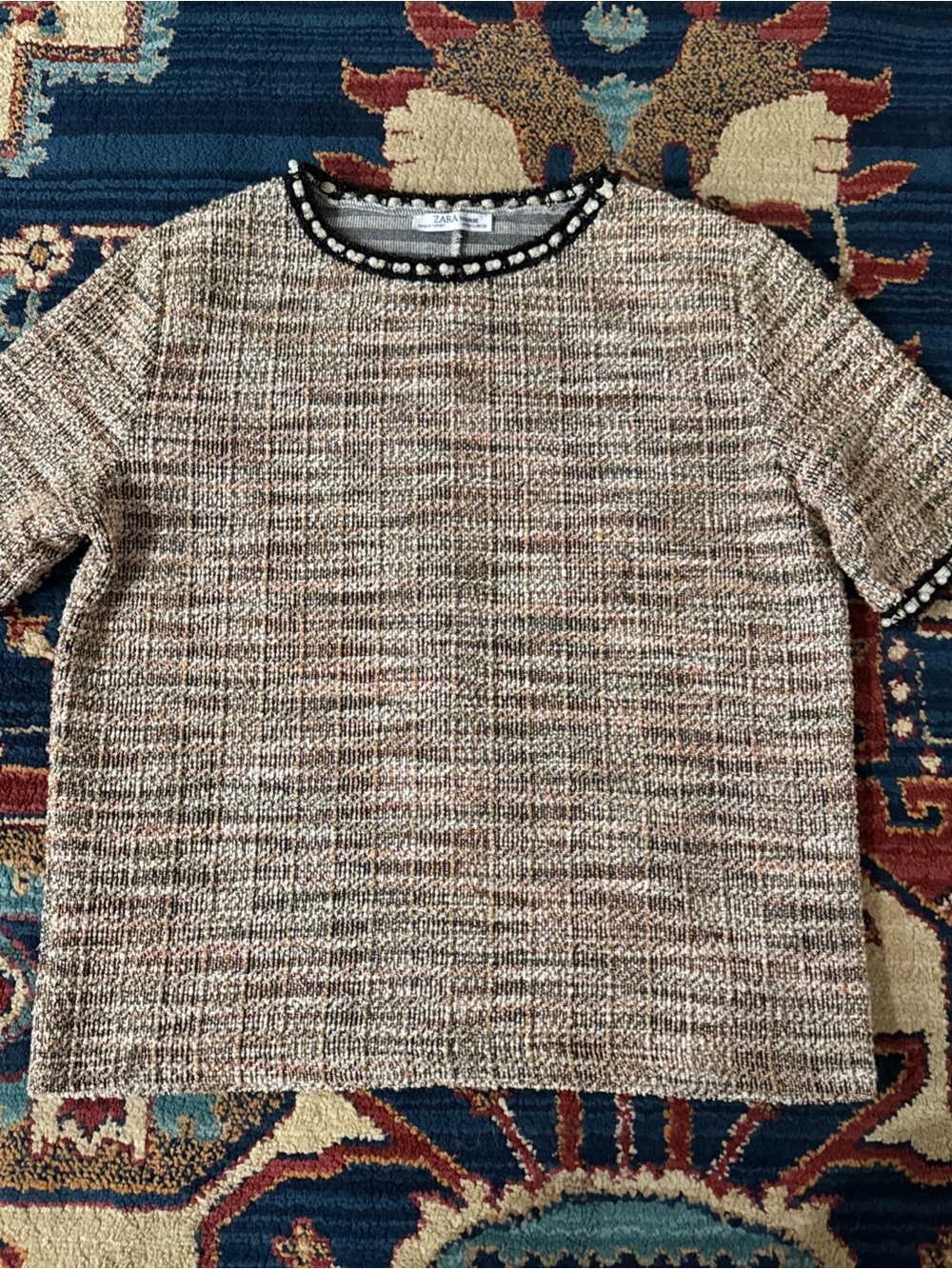 Zara Pearl-Trim Tweed Top — Black, Cream, Pink, Blue